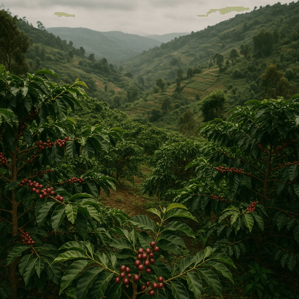 Hands harvesting coffee cherries